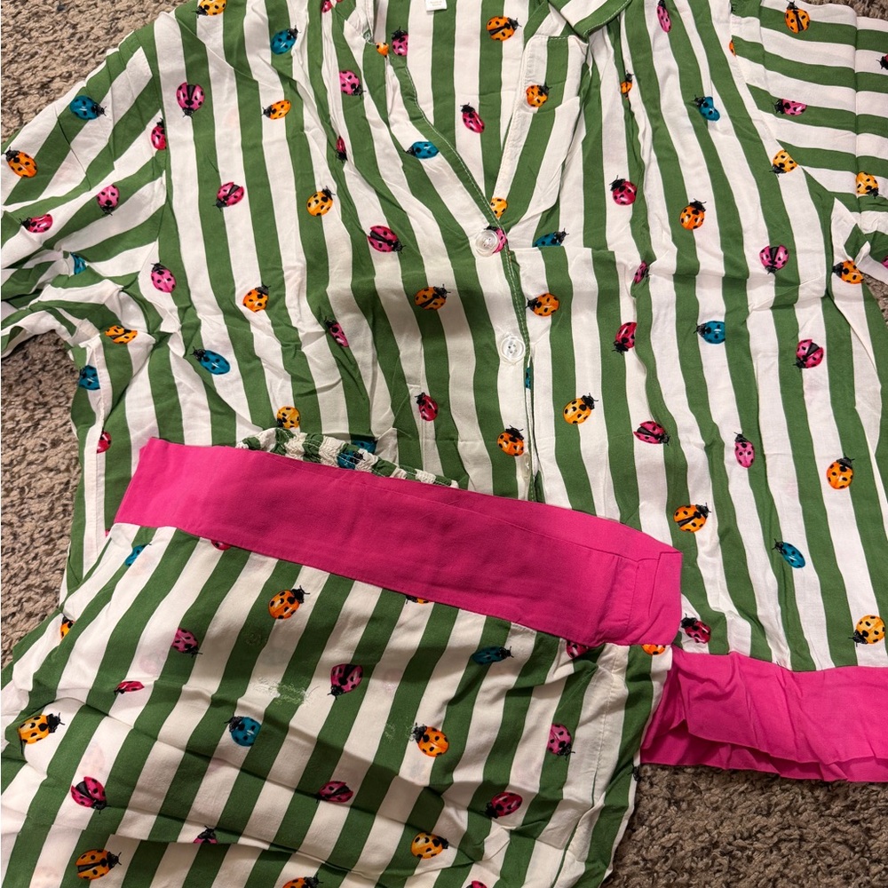 Beautysleep Social Green and White Striped Shirt with Ladybug Print - Picture 3 of 4